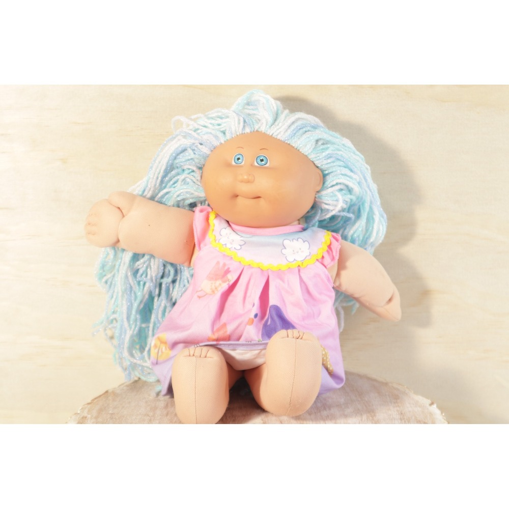 Vintage Cabbage Patch Kids Doll Blue Yarn Hair Tinsel Pink Dress Xavier Roberts